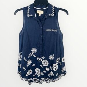 Anthro Moulinette Soeurs Embroidered Floral Sleeveless Blouse Scalloped Hem 0